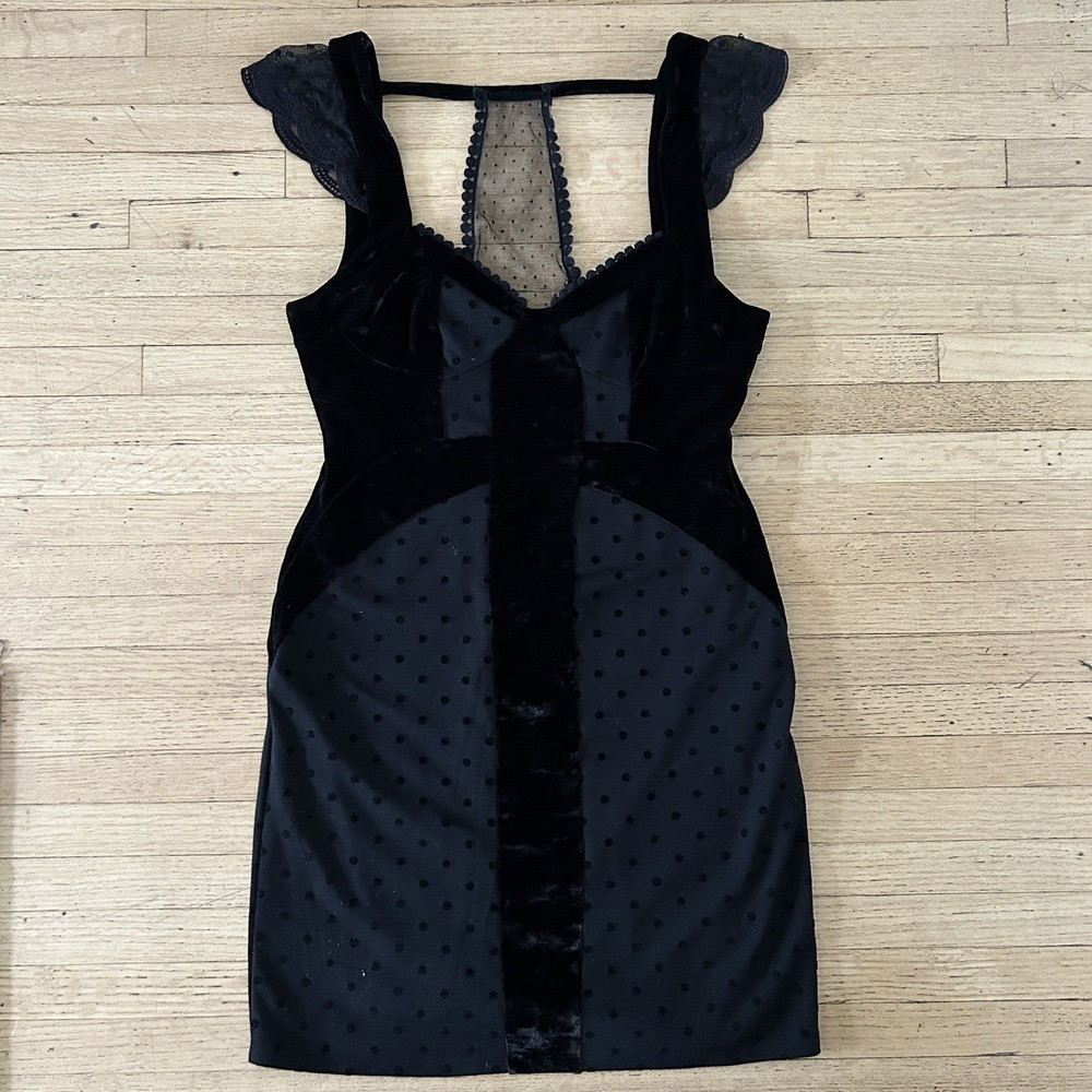 Free People black Polka Dot Velvet Bodycon Sexy Goth Date Night Dress Small - Picture 4 of 8